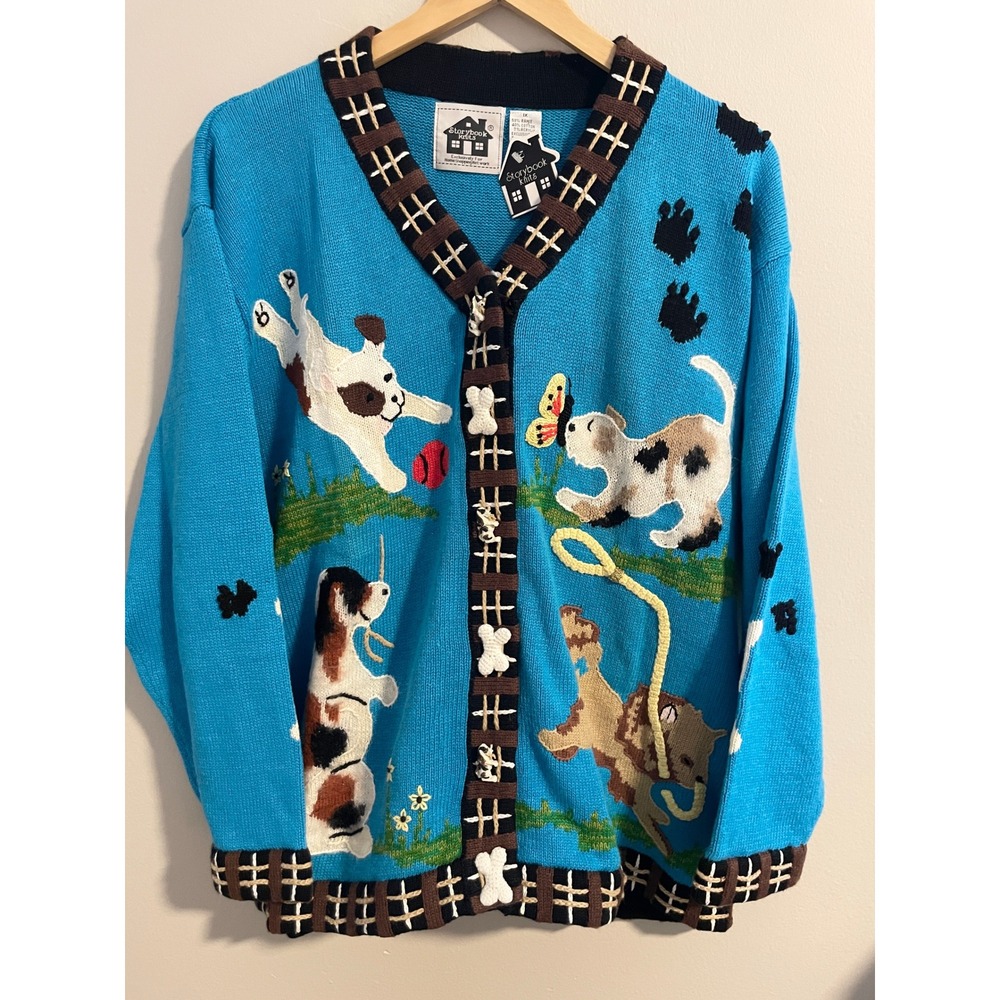 NWT Storybook Knits Dogs Cardigan Sweater Blue Novelty Plus 1X Vintage 90's HSN